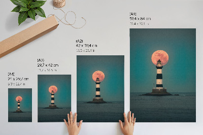 Decoratieve poster Vuurtoren en maan boven de zee bij zonsondergang
