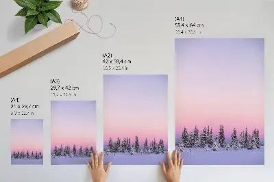 Poster winterse bomen met een stemmige pastelkleurige lucht voor een rustgevende uitstraling
