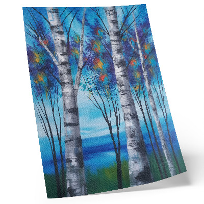 Decoratieve poster Kleurrijke berkenbomen met een blauwe achtergrond en warme accenten.