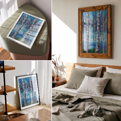 Decoratieve poster Kleurrijke berkenbomen met een blauwe achtergrond en warme accenten.