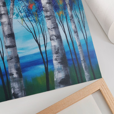Decoratieve poster Kleurrijke berkenbomen met een blauwe achtergrond en warme accenten.