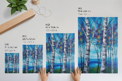 Decoratieve poster Kleurrijke berkenbomen met een blauwe achtergrond en warme accenten.