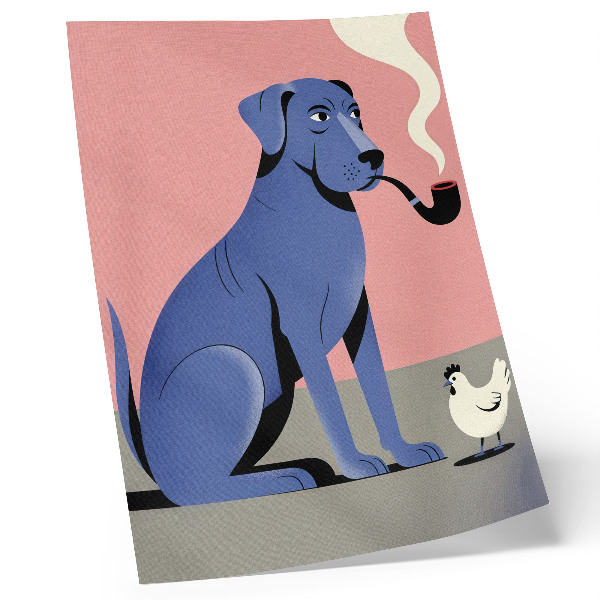 Poster Blauwe hond met pijp, kip, roze achtergrond