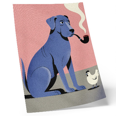 Poster Blauwe hond met pijp, kip, roze achtergrond