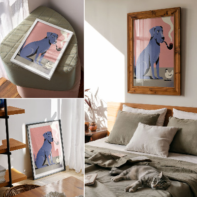 Poster Blauwe hond met pijp, kip, roze achtergrond