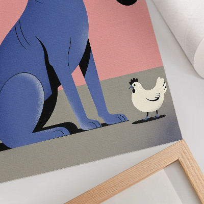 Poster Blauwe hond met pijp, kip, roze achtergrond