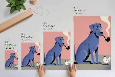 Poster Blauwe hond met pijp, kip, roze achtergrond