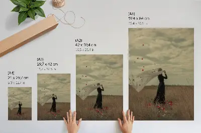 Decoratieve poster met een figuur in een veld vol rode bloemblaadjes