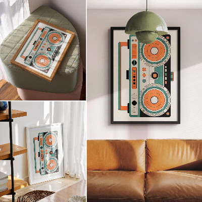 Poster Retrostijl met expressieve vormen en contrasten.