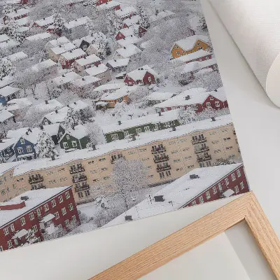 Wandposter met kleurrijke huizen in een harmonieus winterlandschap met bergen