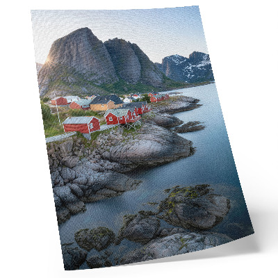 Wandposter huisjes aan zee, bergen, rust, natuurlandschap