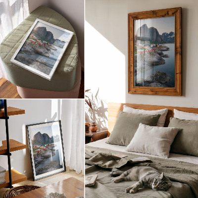 Wandposter huisjes aan zee, bergen, rust, natuurlandschap