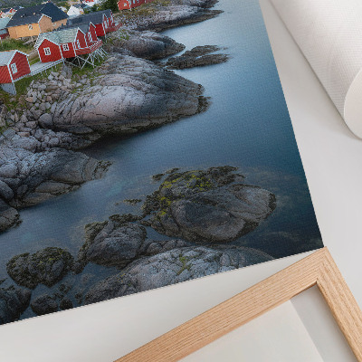 Wandposter huisjes aan zee, bergen, rust, natuurlandschap