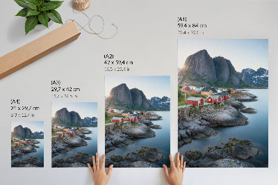 Wandposter huisjes aan zee, bergen, rust, natuurlandschap