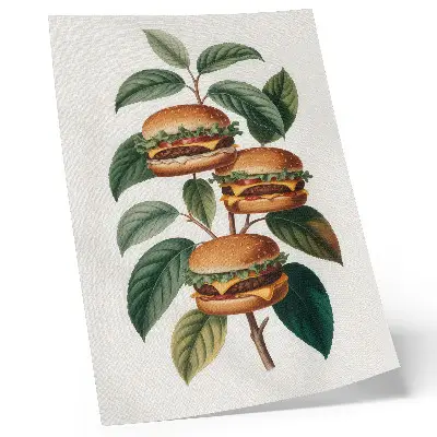 Wandposter met afbeelding van hamburgers aan een groene boom