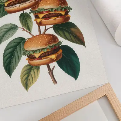 Wandposter met afbeelding van hamburgers aan een groene boom