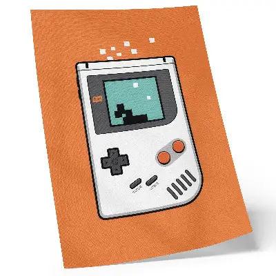 Decoratieve poster met retro pixel console op een oranje achtergrond