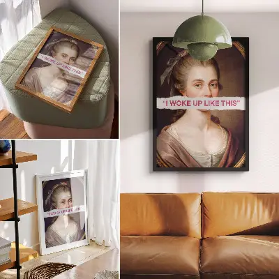 Wandposter portret van een vrouw gecombineerd met klassieke typografie