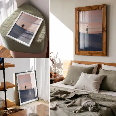 Poster met een skiër tegen een roze lucht in een winterlandschap