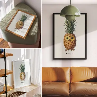 Poster met een fantasierijke combinatie van ananas en uil