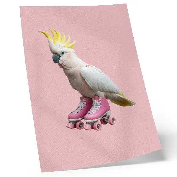 Poster een papegaai op rolschaatsen in pastelkleuren met moderne uitstraling