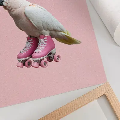 Poster een papegaai op rolschaatsen in pastelkleuren met moderne uitstraling