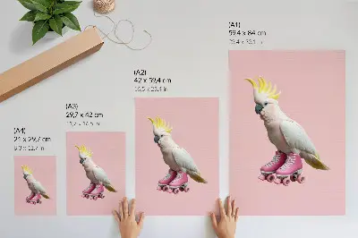 Poster een papegaai op rolschaatsen in pastelkleuren met moderne uitstraling