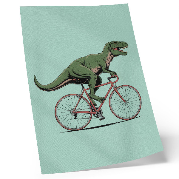 Decoratieve poster Groene dinosaurus op een fiets op een turquoise achtergrond