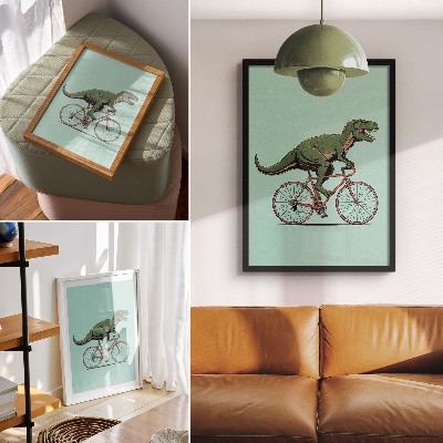 Decoratieve poster Groene dinosaurus op een fiets op een turquoise achtergrond
