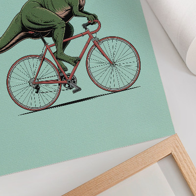 Decoratieve poster Groene dinosaurus op een fiets op een turquoise achtergrond