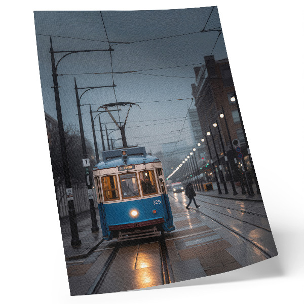 Poster Blauwe tram op een regenachtige dag, stadsleven