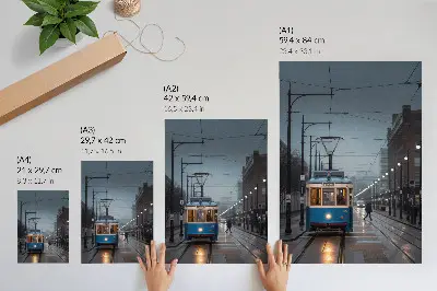 Poster blauwe tram op een regenachtige dag in de stad