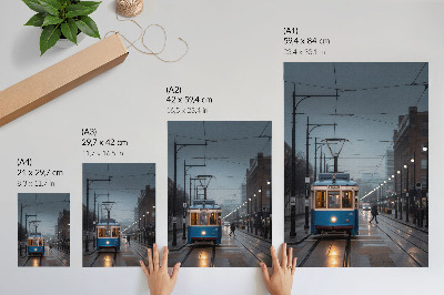 Poster Blauwe tram op een regenachtige dag, stadsleven