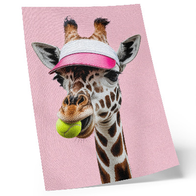 Wandposter Grappige giraffe met een petje en een tennisbal