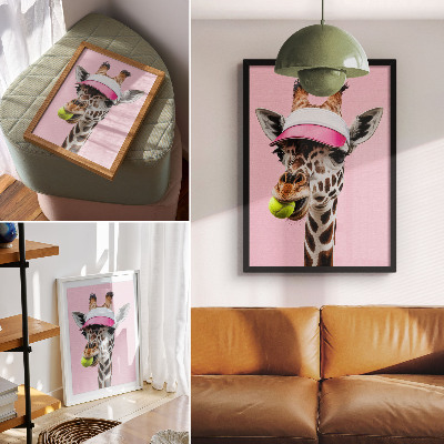 Wandposter Grappige giraffe met een petje en een tennisbal