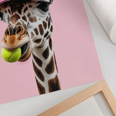 Wandposter Grappige giraffe met een petje en een tennisbal