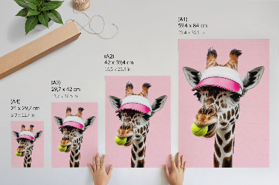 Wandposter Grappige giraffe met een petje en een tennisbal