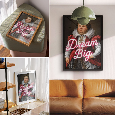 Poster Historisch portret met neonopschrift, contrast met moderne
