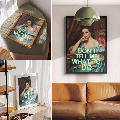 Wandposter Een vrouw in een klassieke pose met een ironisch opschrift.