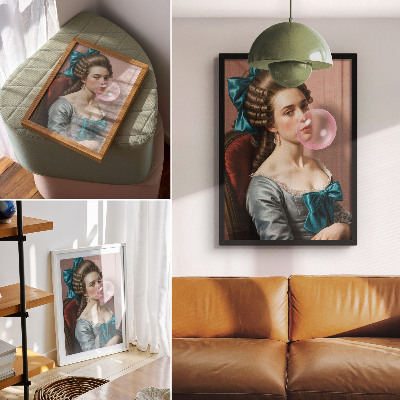 Decoratieve poster Portret van een vrouw met kauwgom, in retrostijl.