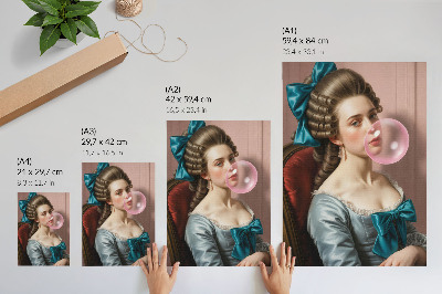Decoratieve poster Portret van een vrouw met kauwgom, in retrostijl.