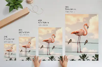Wandposter met flamingo, lucht, wolken en zwaluwen in natuurlijke stijl