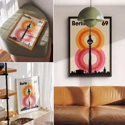 Decoratieve poster toren met retro-sfeer en felgekleurde cirkels
