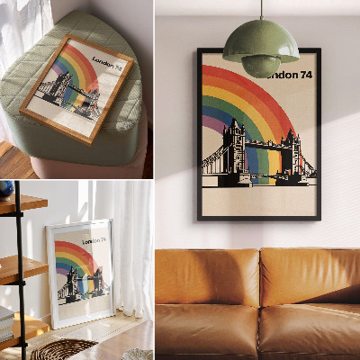 Wandposter Iconische brug, zwart silhouet en regenboog