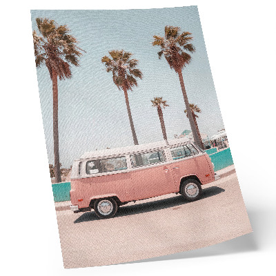 Wandposter Roze auto, blauwe lucht, hoge palmbomen