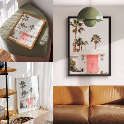 Decoratieve poster Palmbomen, moderne architectuur, levendige kleuren