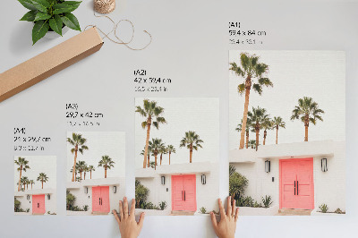 Decoratieve poster Palmbomen, moderne architectuur, levendige kleuren