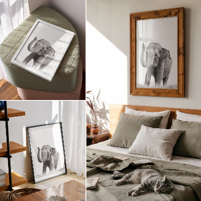 Wandposter Monochroom olifant met opgeheven slurf