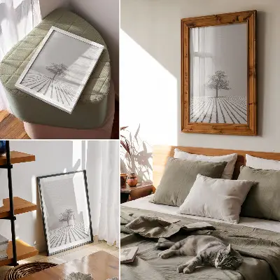 Wandposter boom in de sneeuw met een minimalistisch winterlandschap