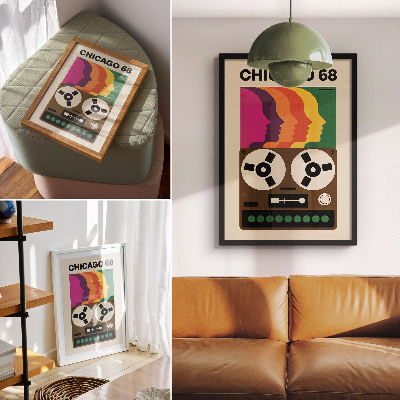 Poster Kleurrijke silhouetten van een retro bandrecorder